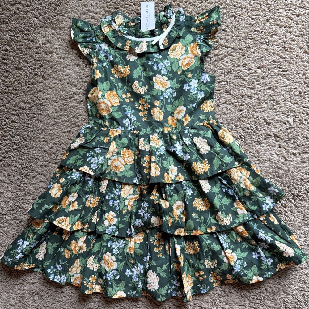 Janie and Jack Girls 6 Green Yellow Floral Ruffle Dress